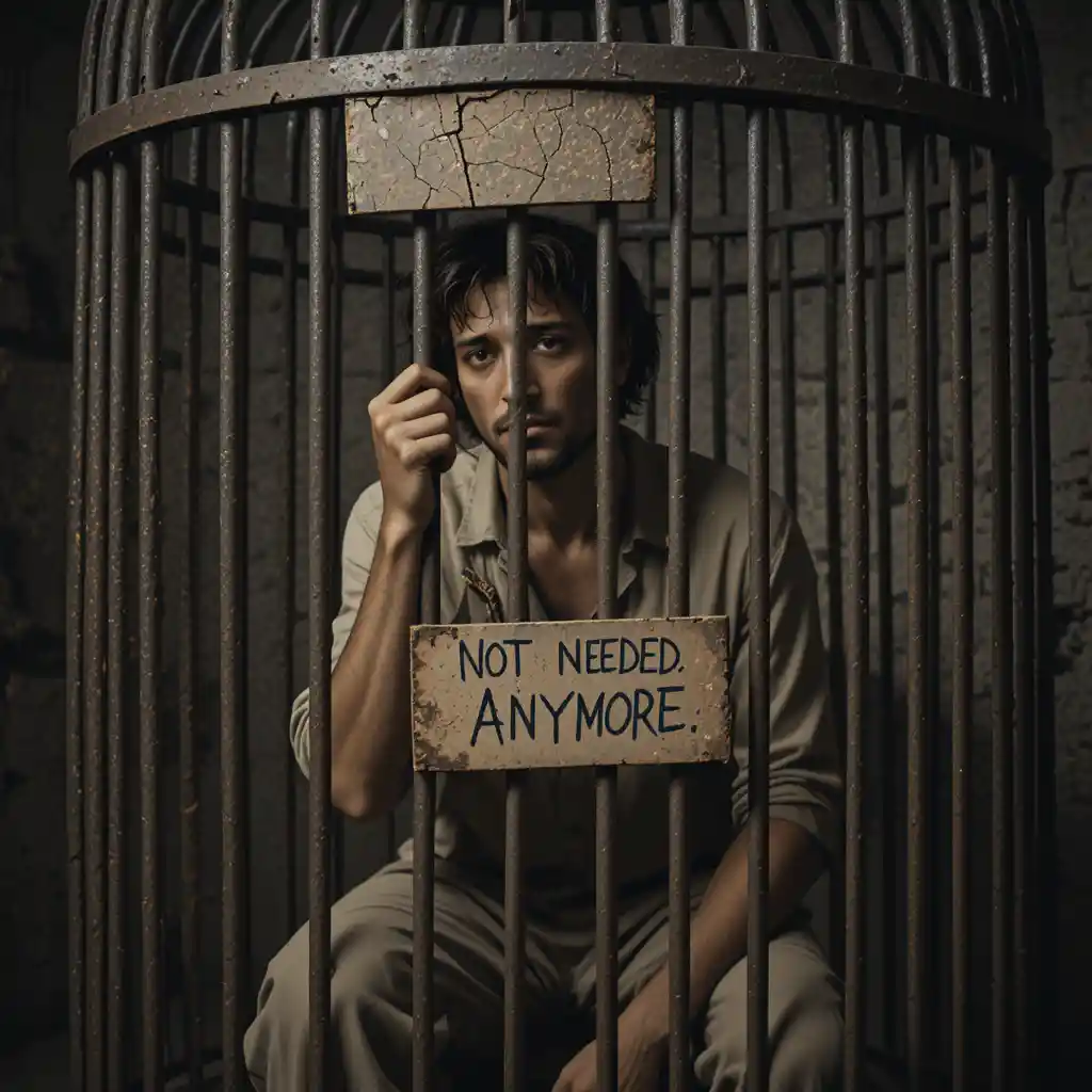 Melancholic man kneeling in an iron cage with wooden sign
