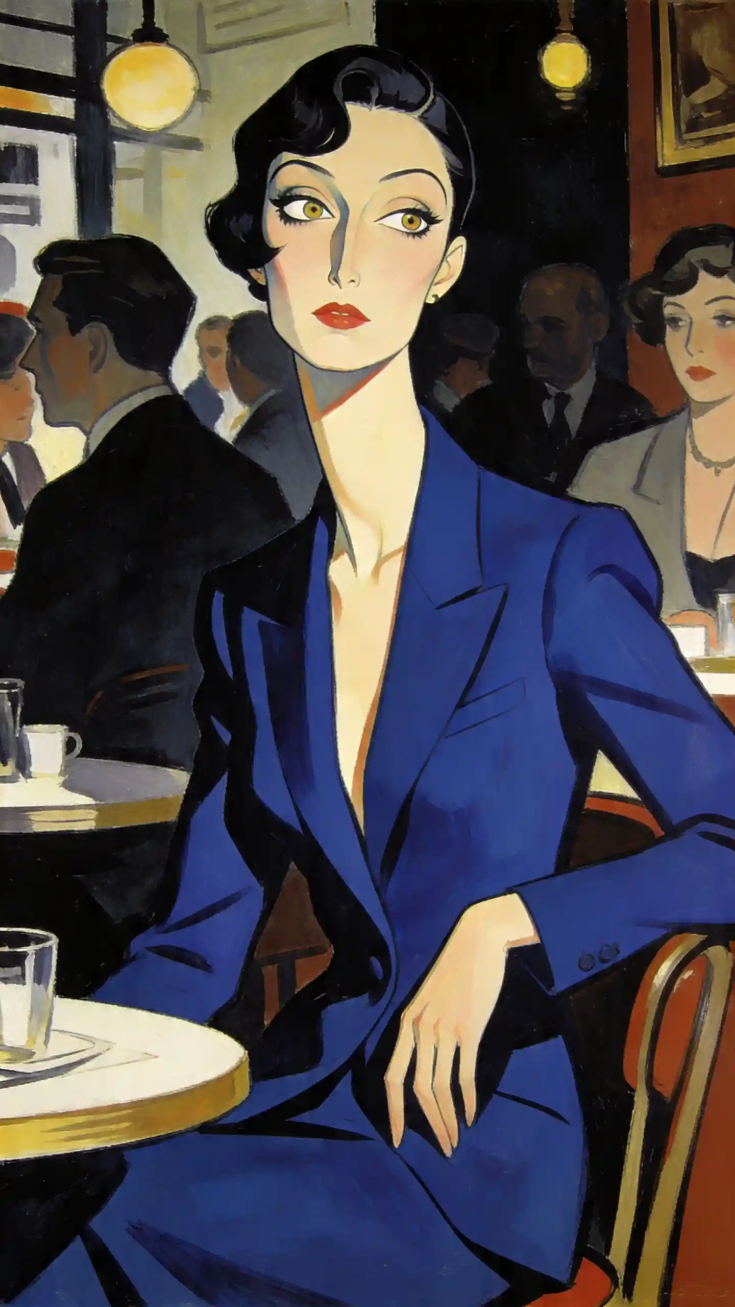 Woman in cobalt blue suit seated in a busy cafe