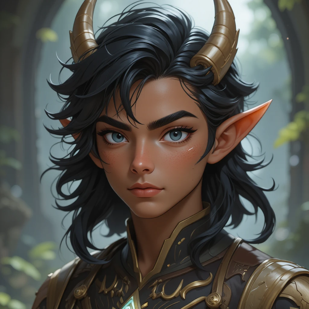 Young fantasy man with amber eyes and glowing forehead symbol