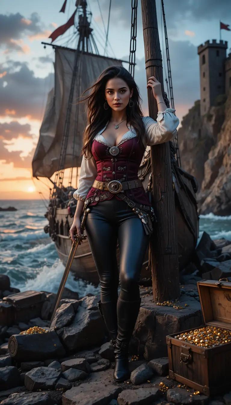 Charismatic female pirate captain posing in sunset cove