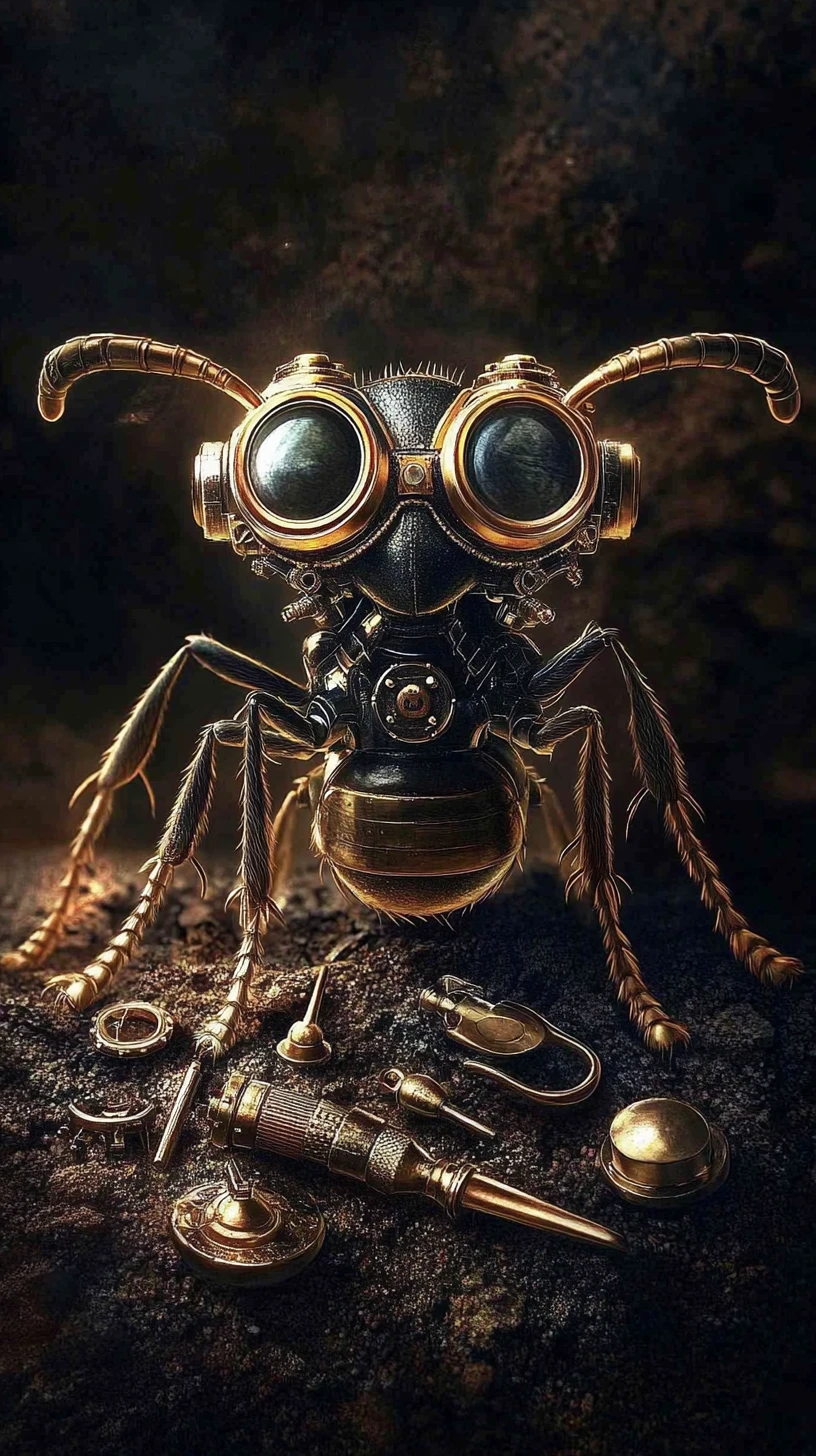 Steampunk ant with goggles and tools standing proudly