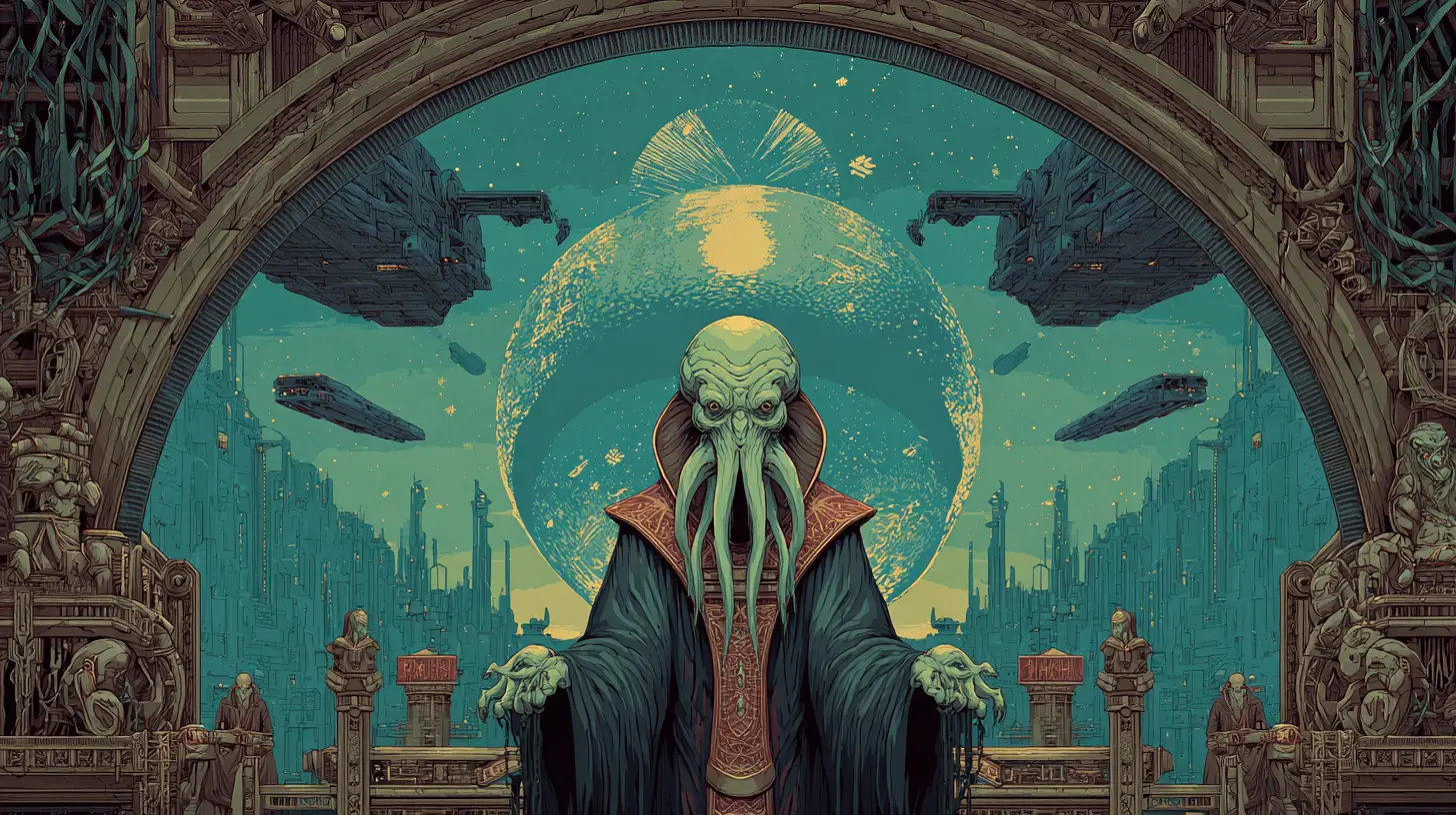 Antiguo Señor Alienígena en un Trono en Ciudad Futurista