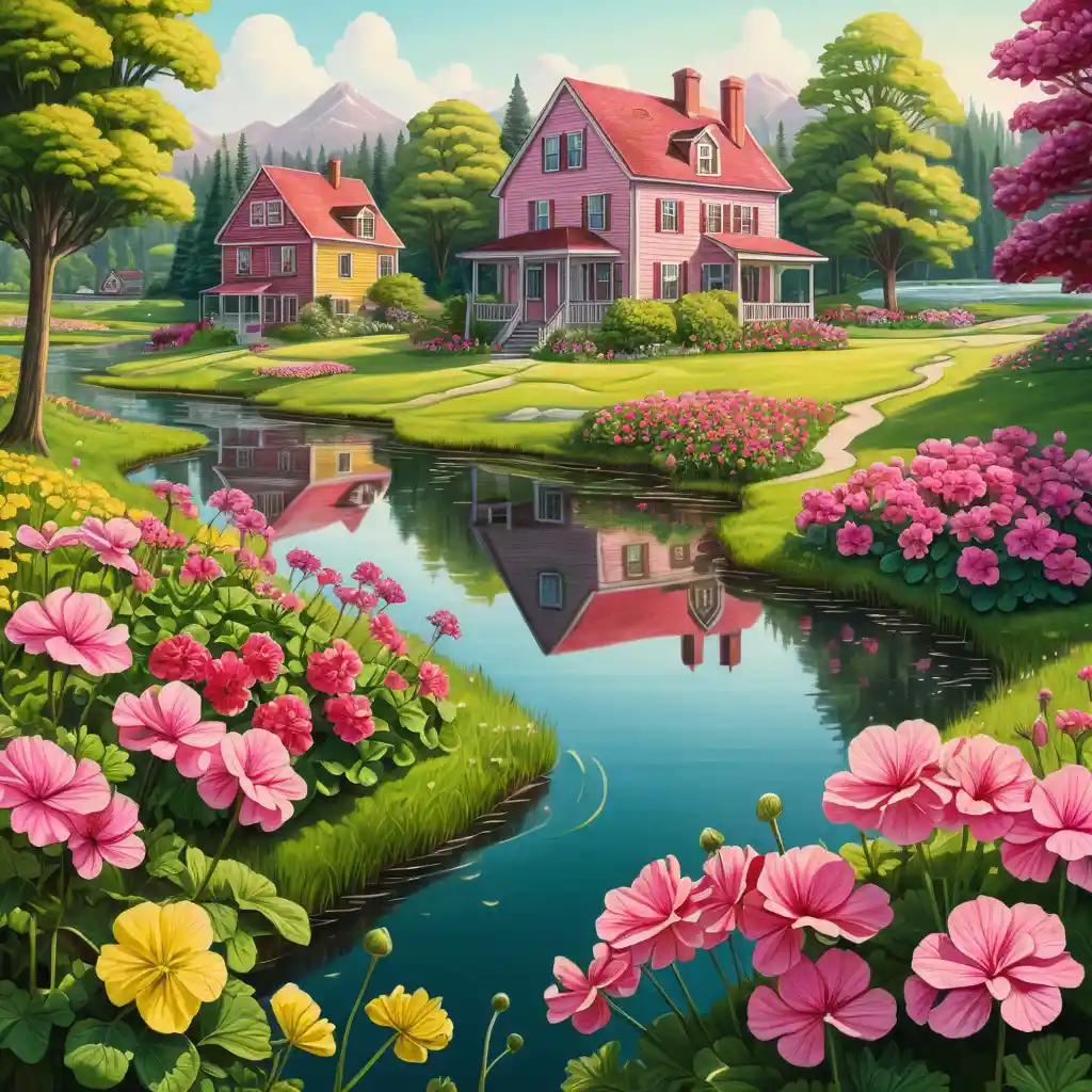 Colorful lakeside meadow with vintage houses and flowers