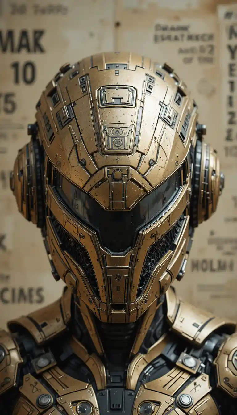 Casque sci‑fi futuriste doré avec visière angulaire
