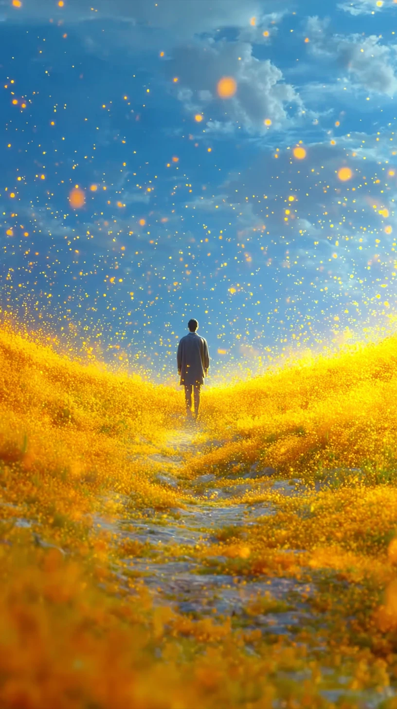 Hombre en un prado soleado mirando al cielo azul claro