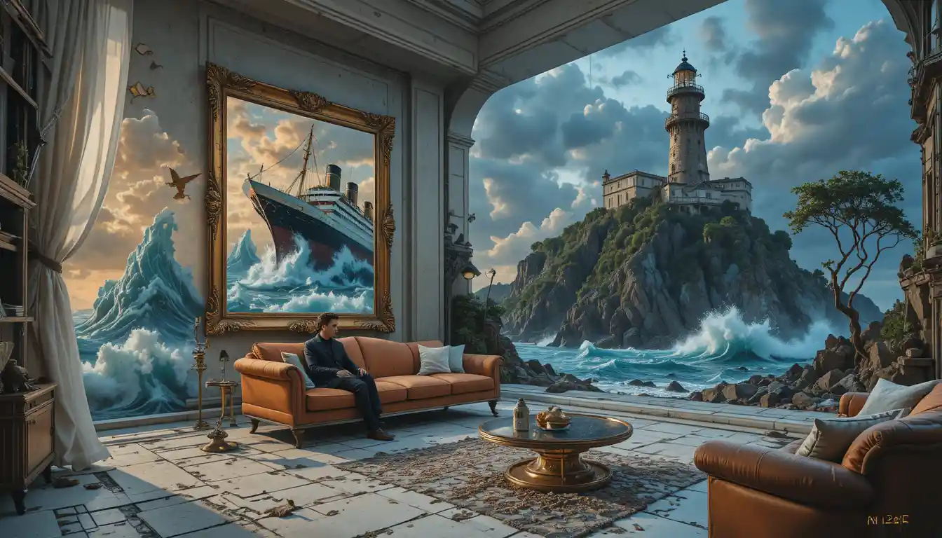 Lone lighthouse on stormy cliff in bold graphic style
