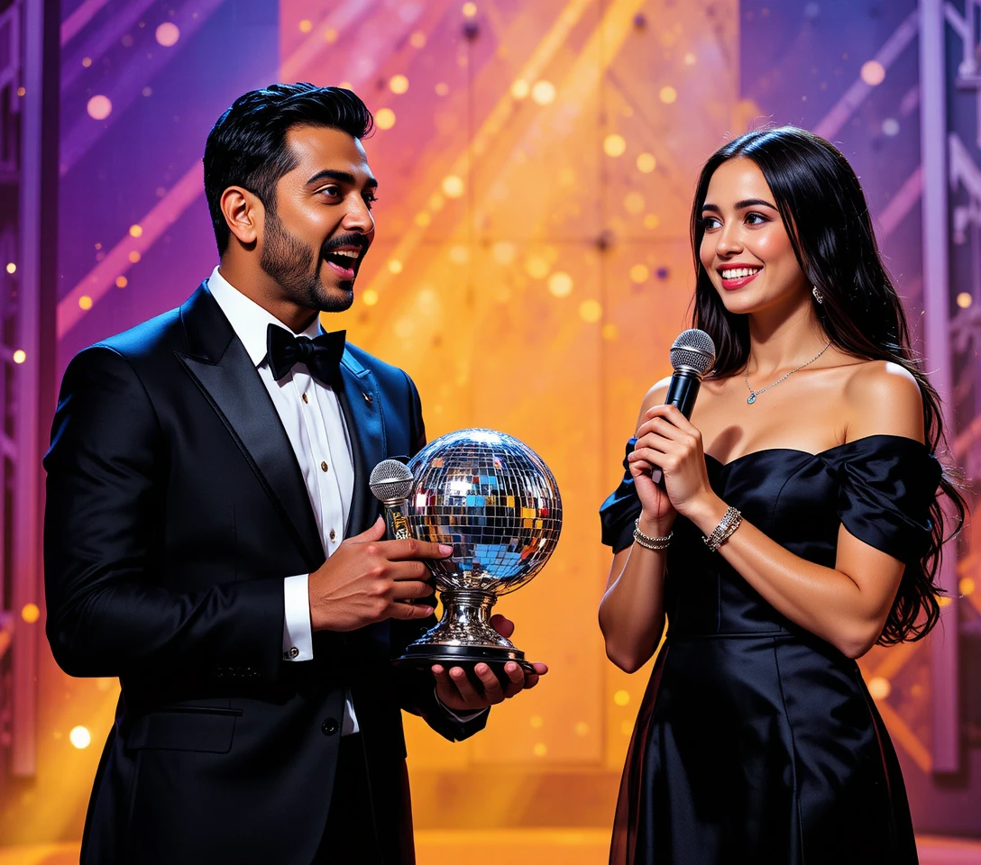 Man and woman celebrating on stage with disco ball trophy