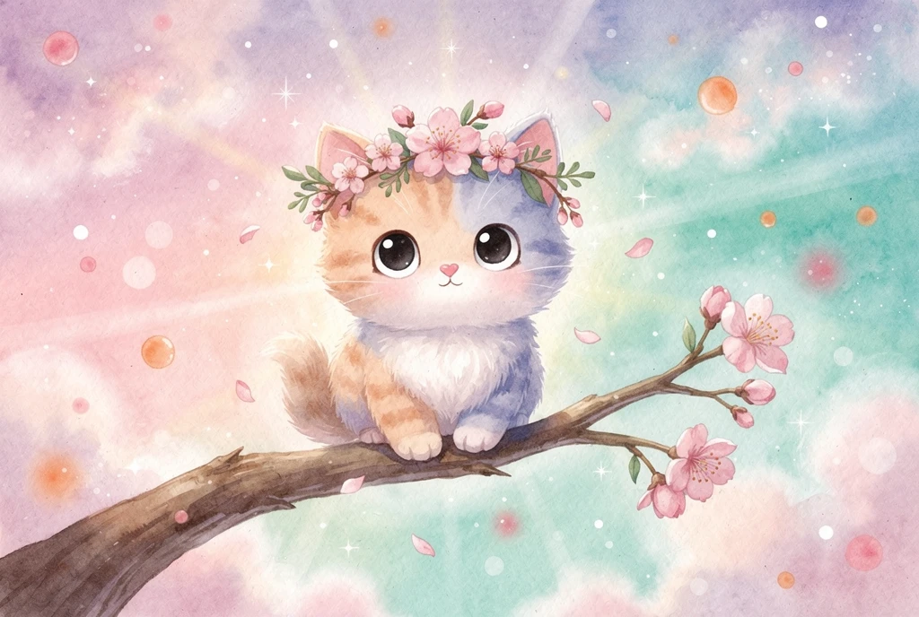 Cute watercolor cartoon kitten with cherry blossom crown