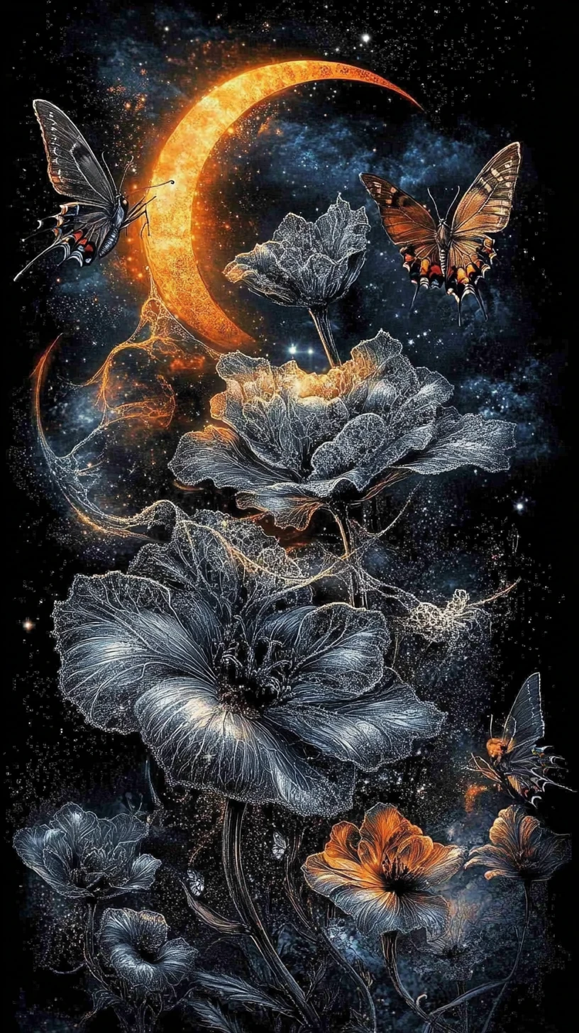 Moonlit gothic garden of silver flowers and dancing moths