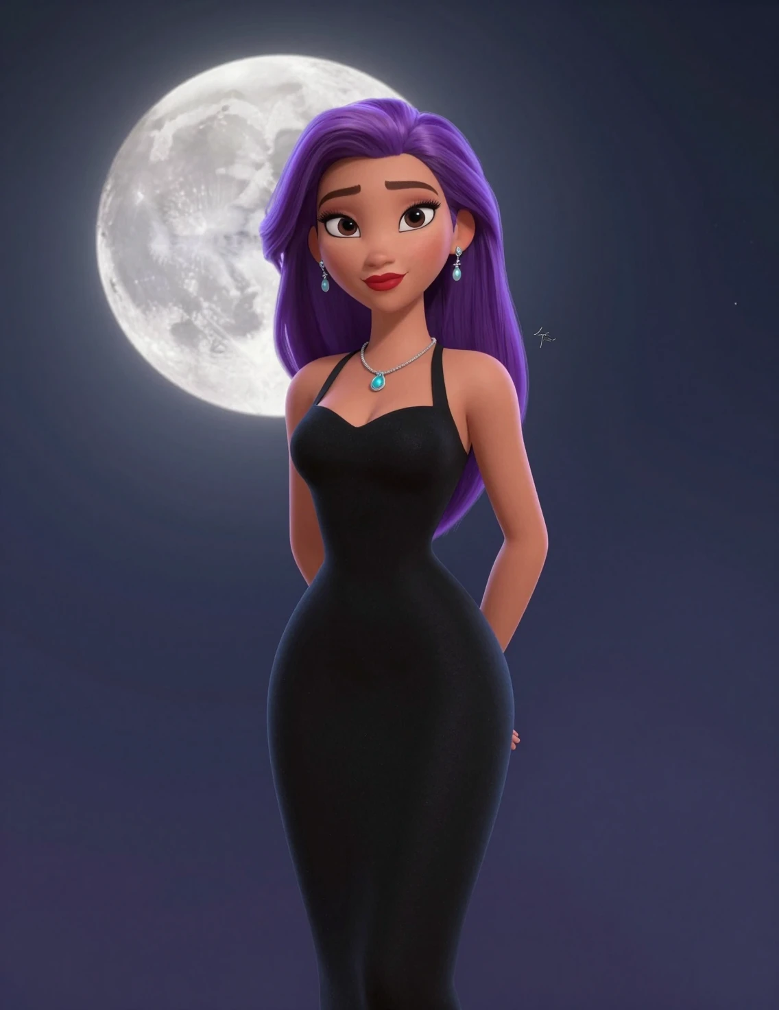 Elegant woman in black dress under a glowing full moon