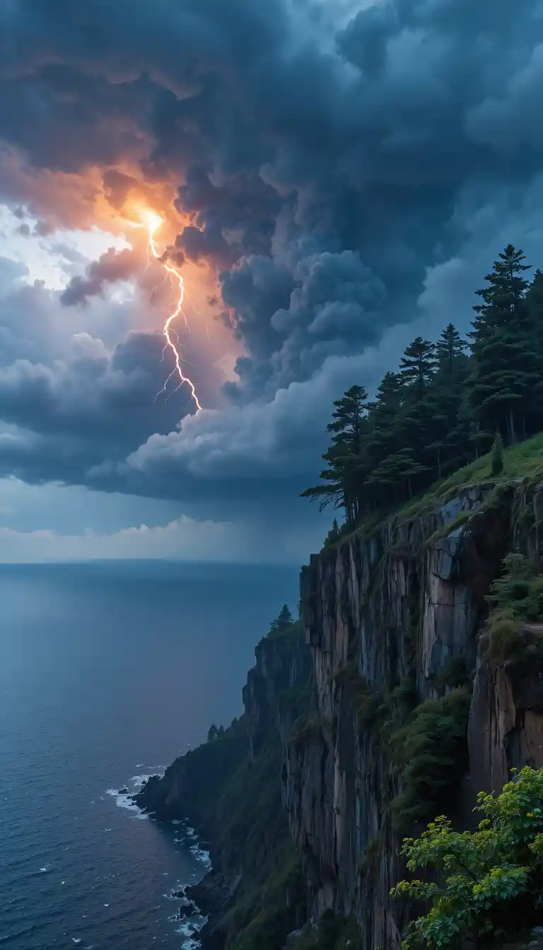 Stormy sea cliff panorama with tornado and first lightning