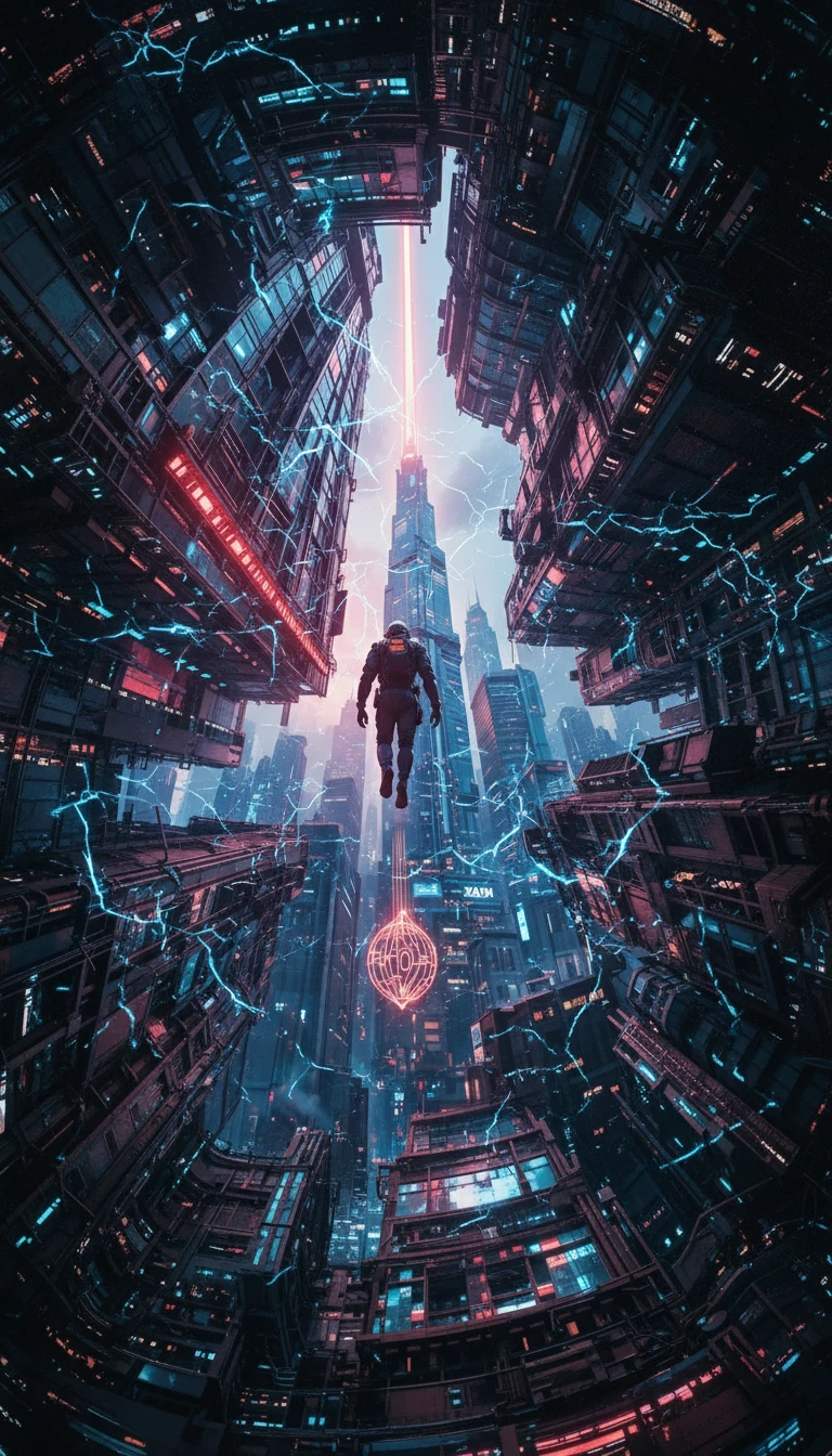Cyborg flying above a spiraling futuristic city skyline