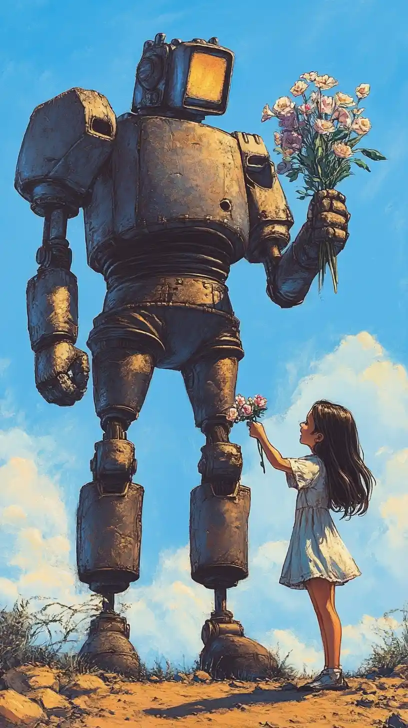 Robô gigante e garota sorridente sob um céu azul claro