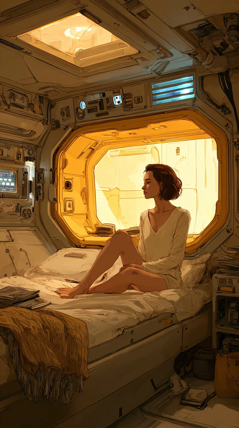 Gemütliche retro-futuristische Raumschiff-Kabine mit entspannter Frau