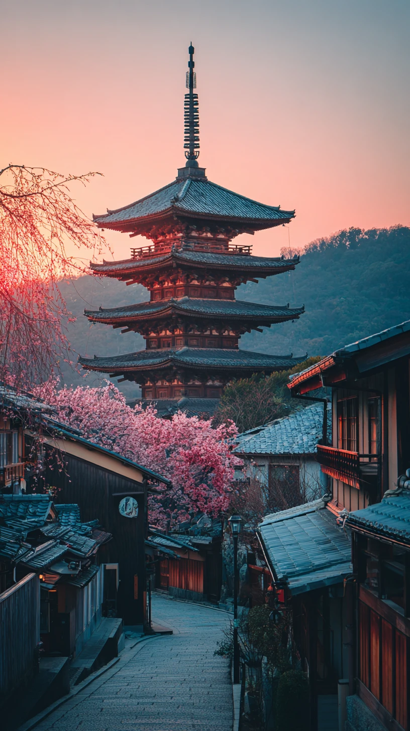 Steep City Street With Flower Covered Pagoda At Sunset