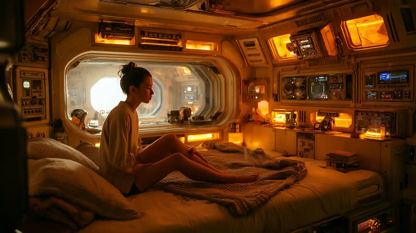 Donna che si rilassa in una cabina di astronave retro-futuristica