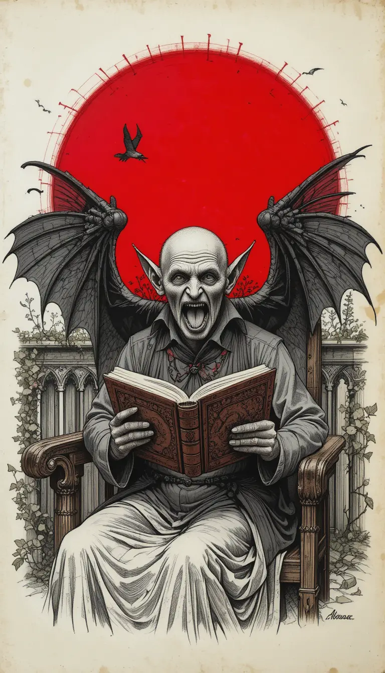 Old vampire with black wings on a balcony at sunset