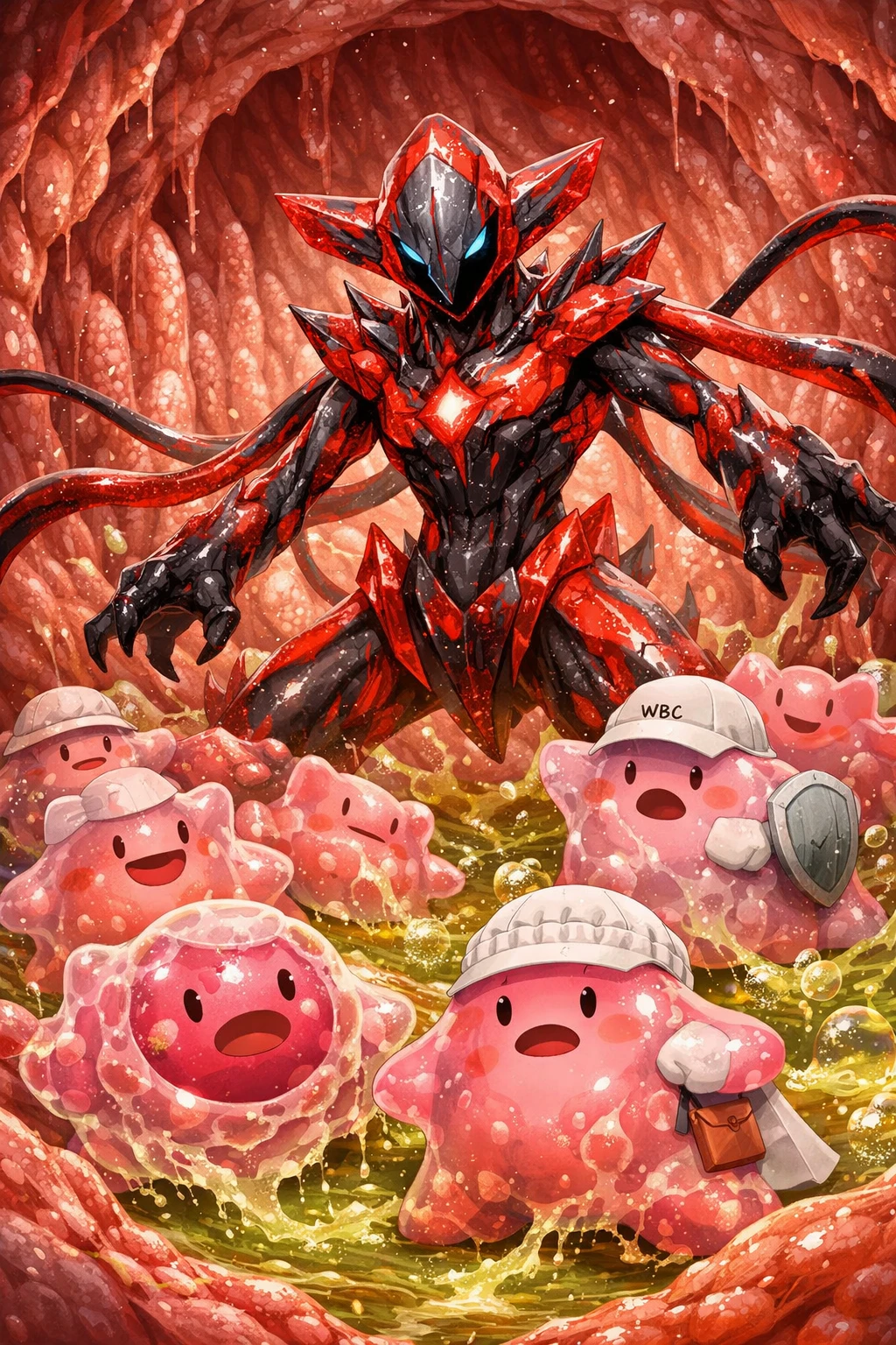 Alien virus creature confronting pink cellular blobs inside stomach