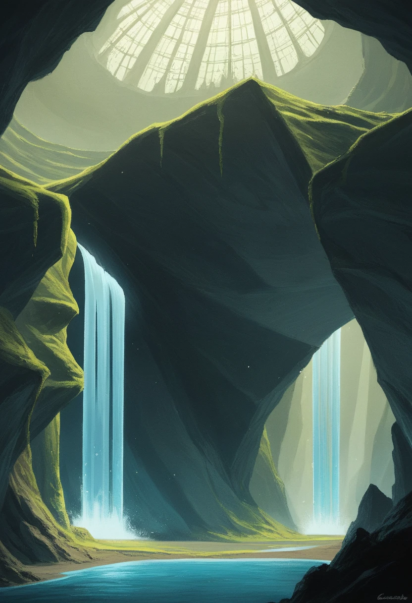 Majestic underground waterfall in a luminous cavern