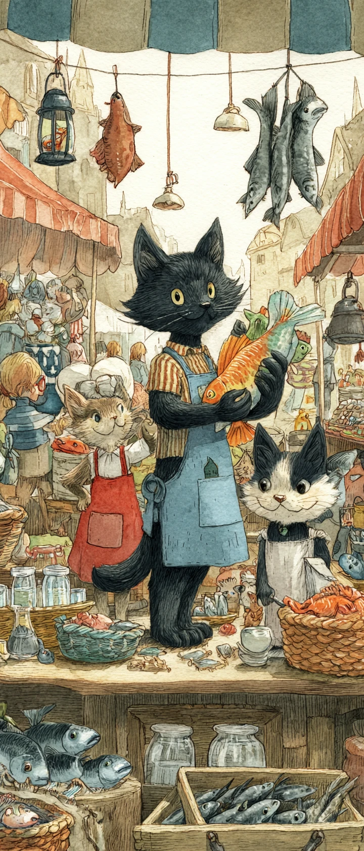 Divertida escena de mercado en acuarela con gatos antropomórficos