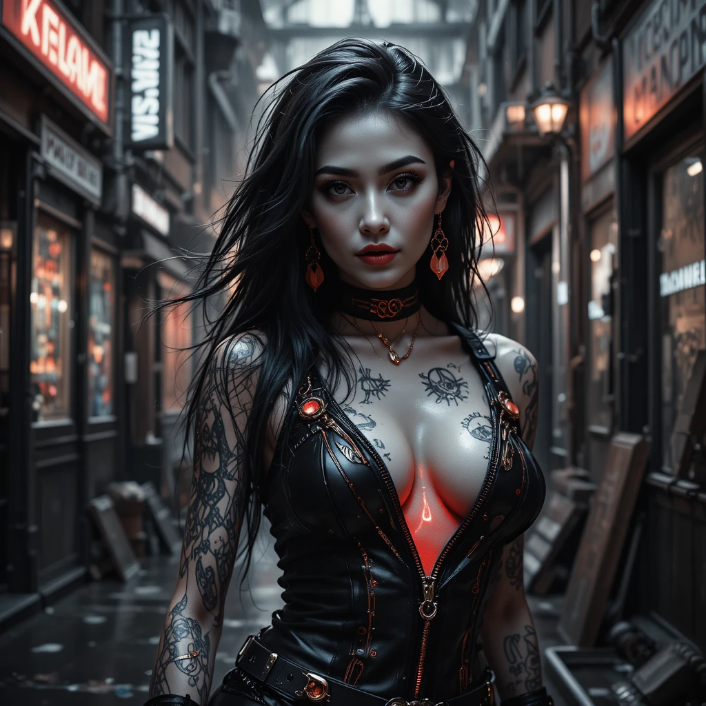 Noir cyberpunk femme fatale in rain soaked industrial alley