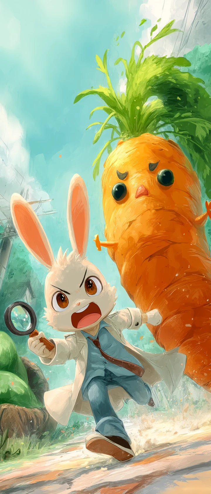 Conejo detective de anime persiguiendo una zanahoria gigante en el parque