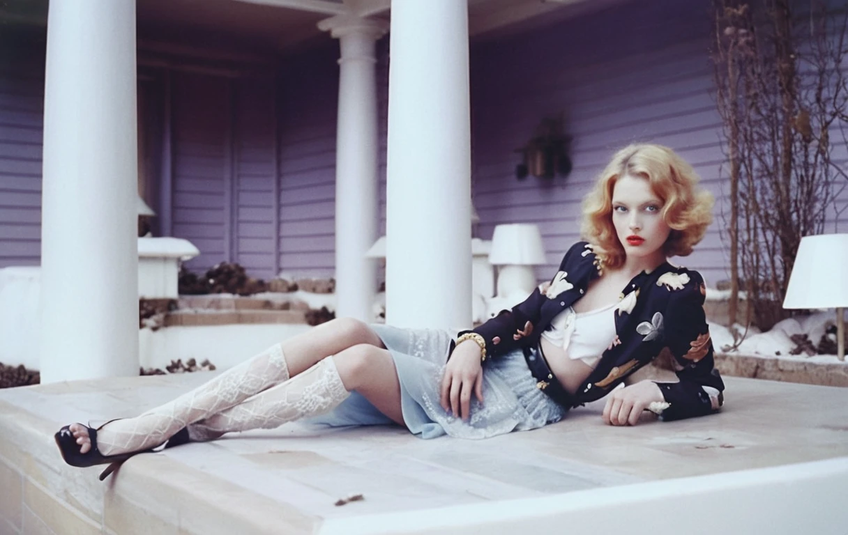 Dramatic fashion model posing in a mysterious outdoor setting