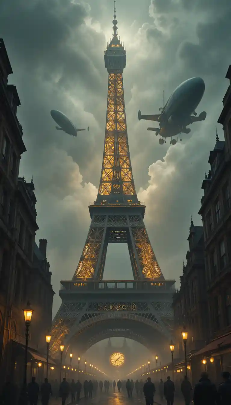 Steampunk Eiffel Tower Clockwork Rising Over Victorian Street