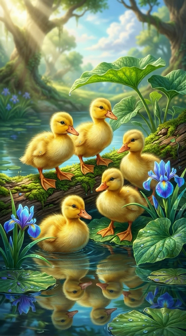 Cute yellow ducklings relaxing together in a sunny pond