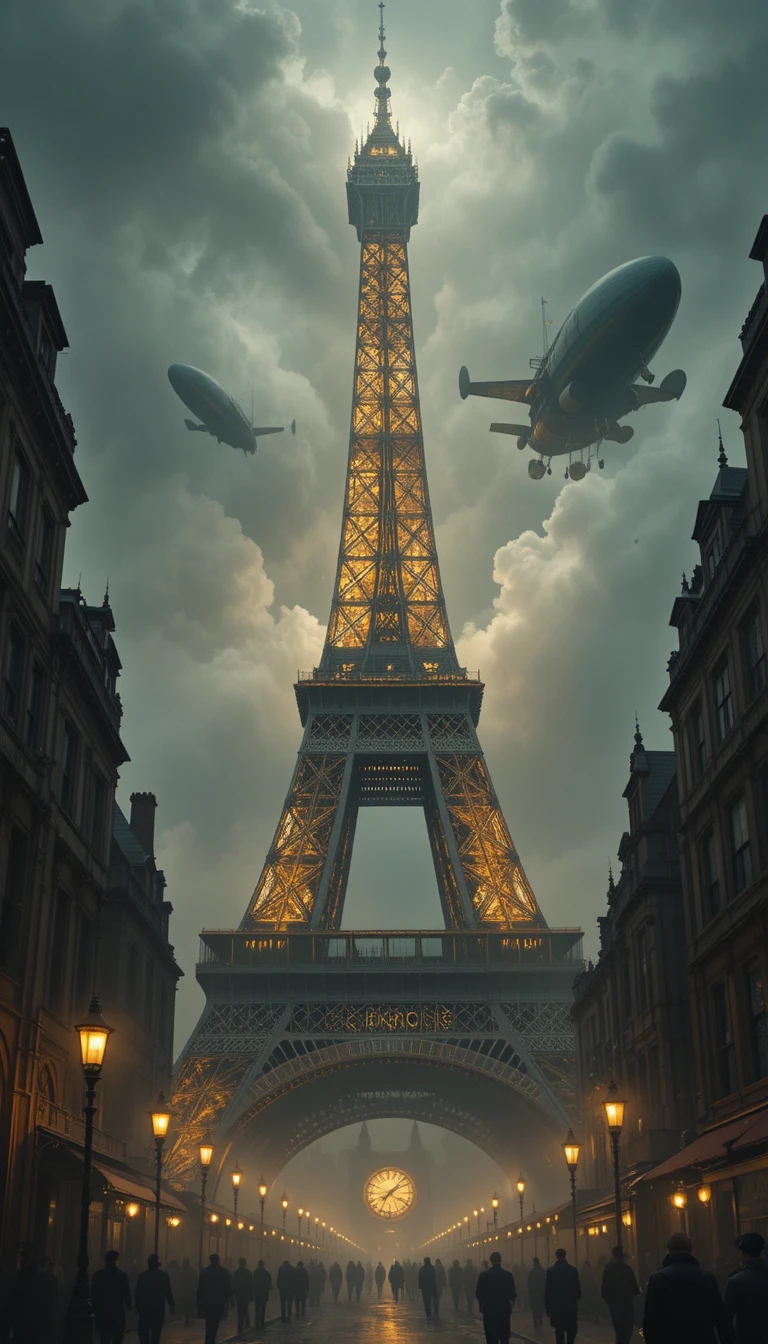 Steampunk Eiffel Tower Clockwork Rising Over Victorian Street
