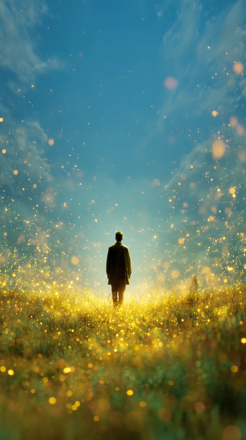 Man Standing In Sunlit Meadow Under Clear Blue Sky
