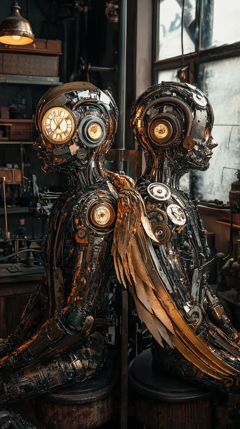 Mechanical twin brothers in a victorian clockwork workshop