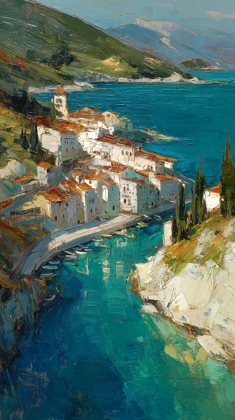 Impressionist coastal hillside town above a turquoise harbor