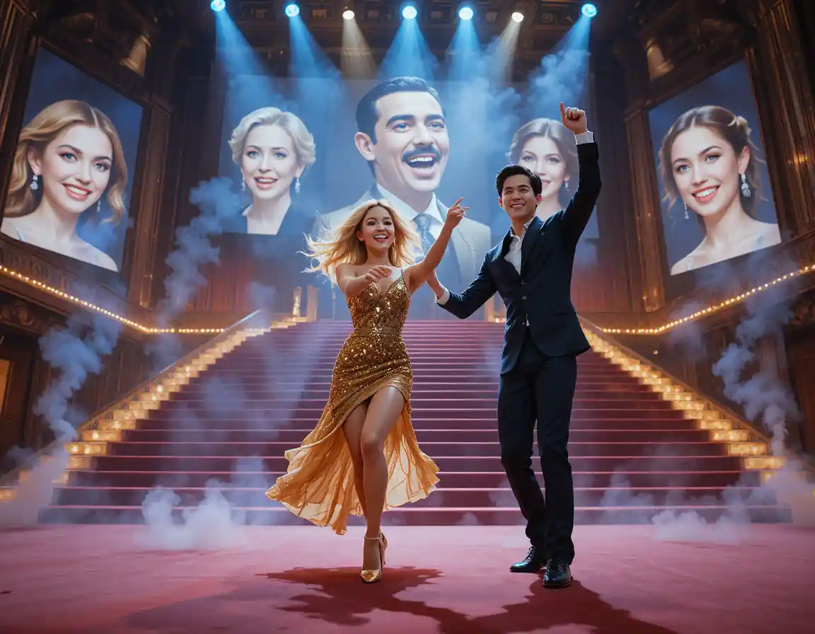 Young woman dancing in gold dress on grand stage