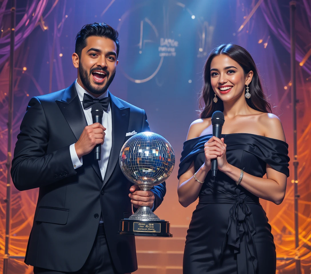 Uomo e donna che festeggiano sul palco con trofeo a palla da discoteca