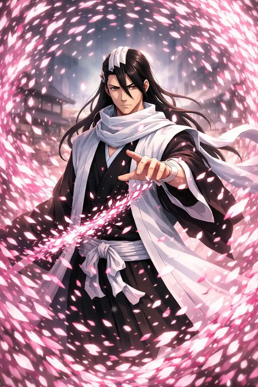 Stoic swordsman commanding a storm of pink spirit blades