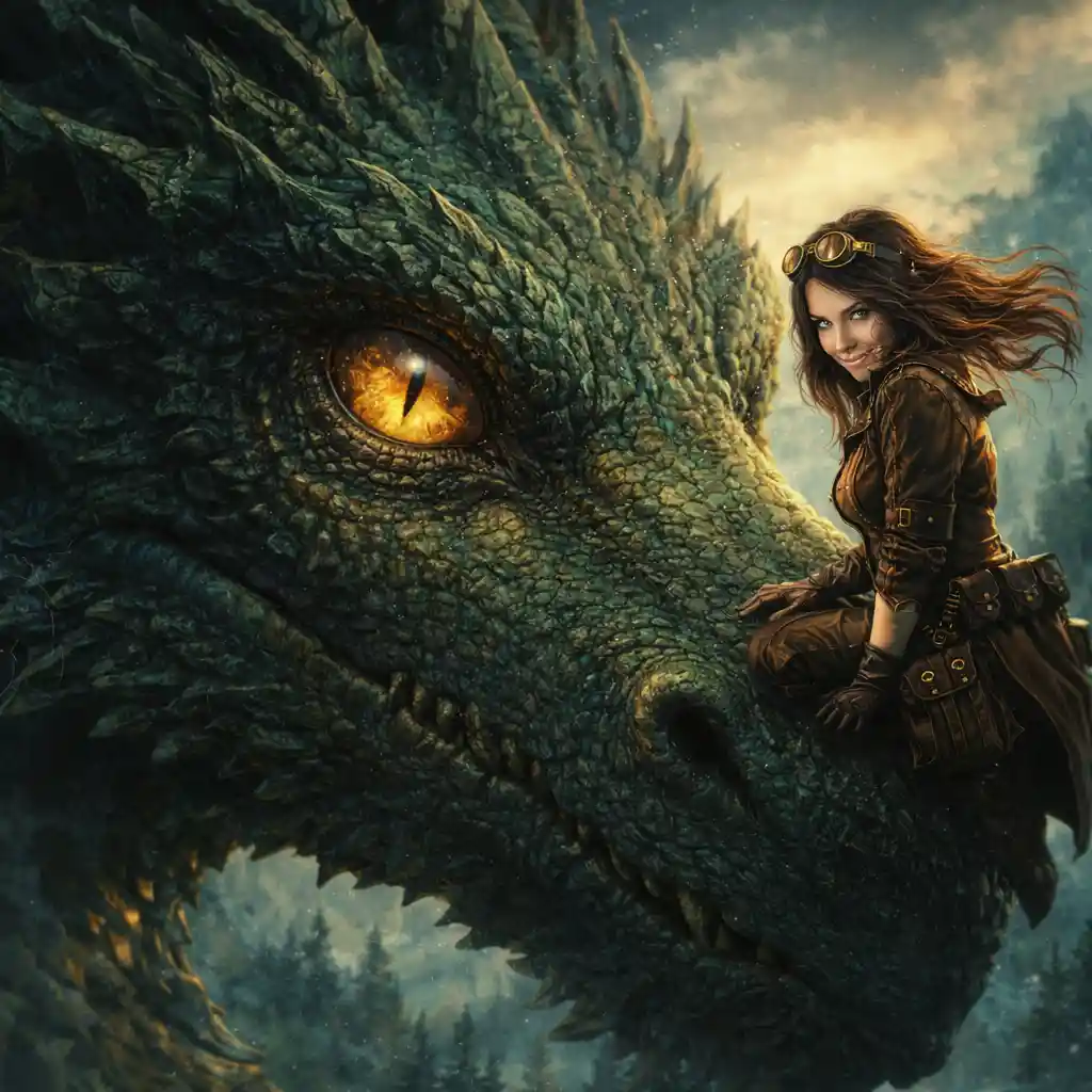 Close up dragon portrait with steampunk woman on nose