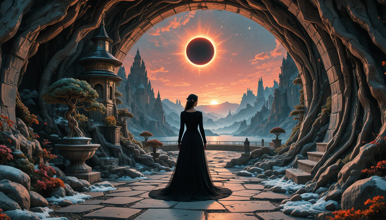 Half stargate with bonsai and cottages in cosmic sky