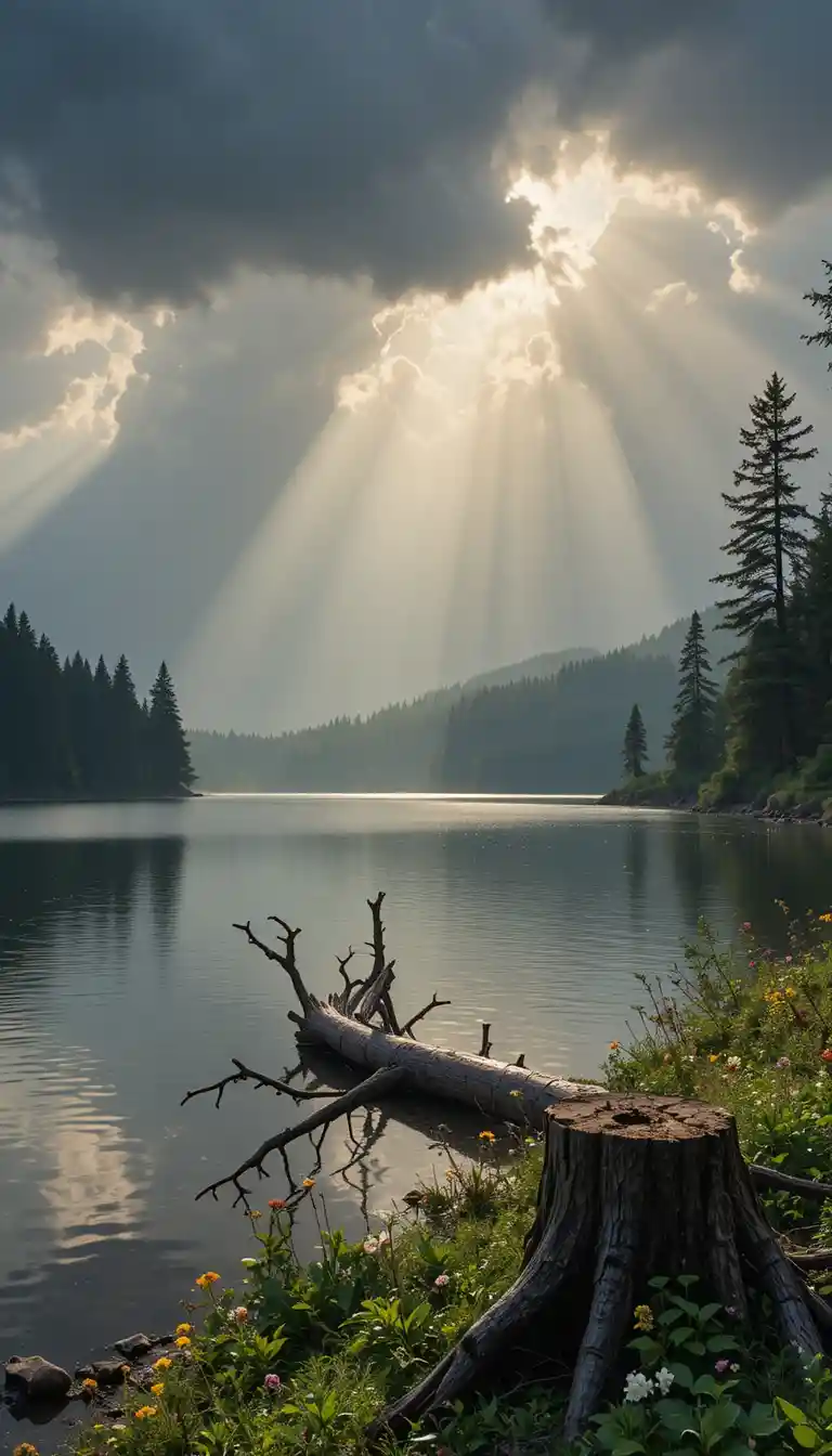 Sunbeams breaking through rain clouds over a quiet lake