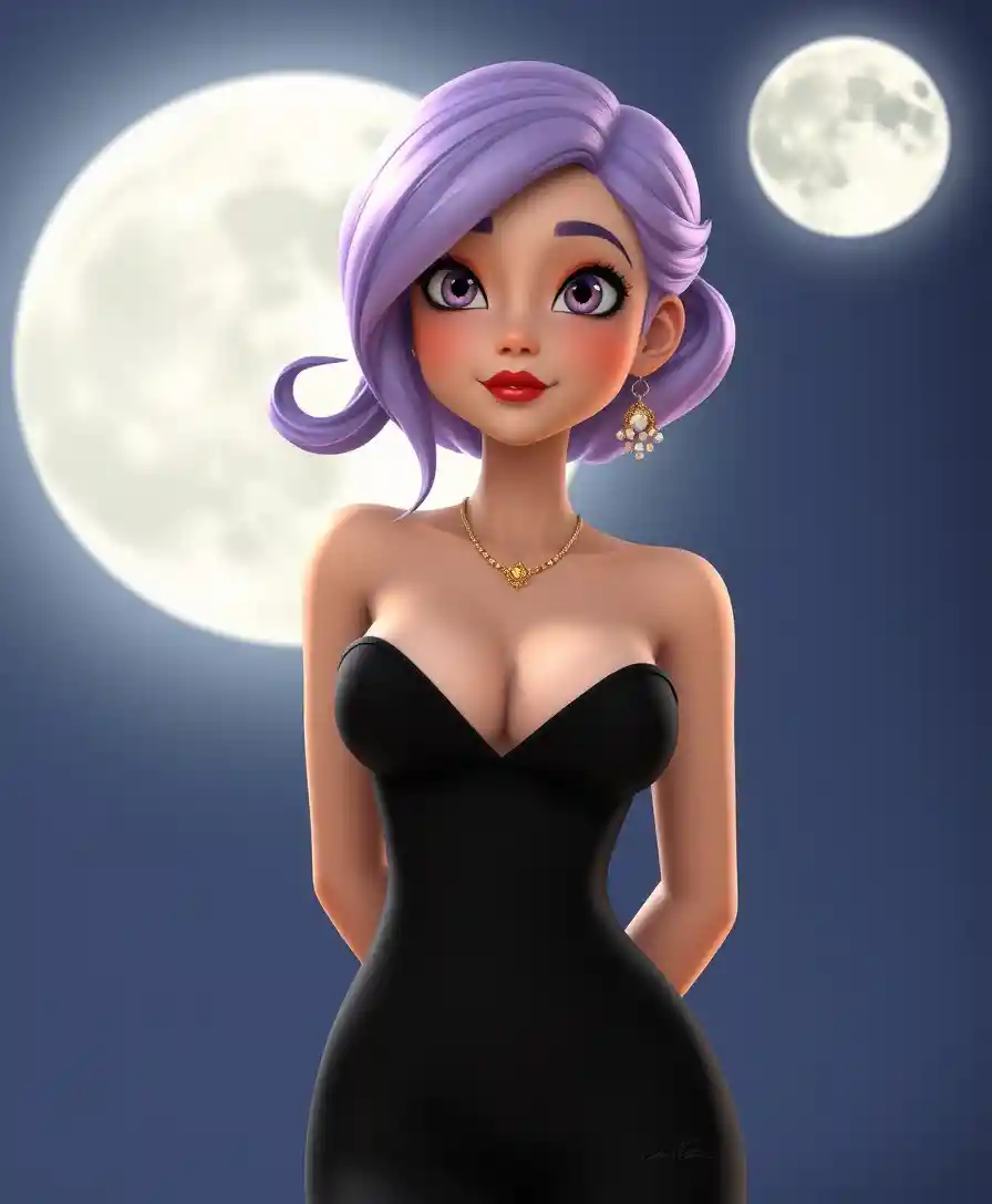Elegante donna in abito nero sotto una luna piena luminosa