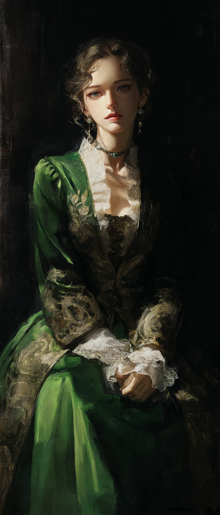 Retrato de noble en vestido de terciopelo esmeralda estilo anime