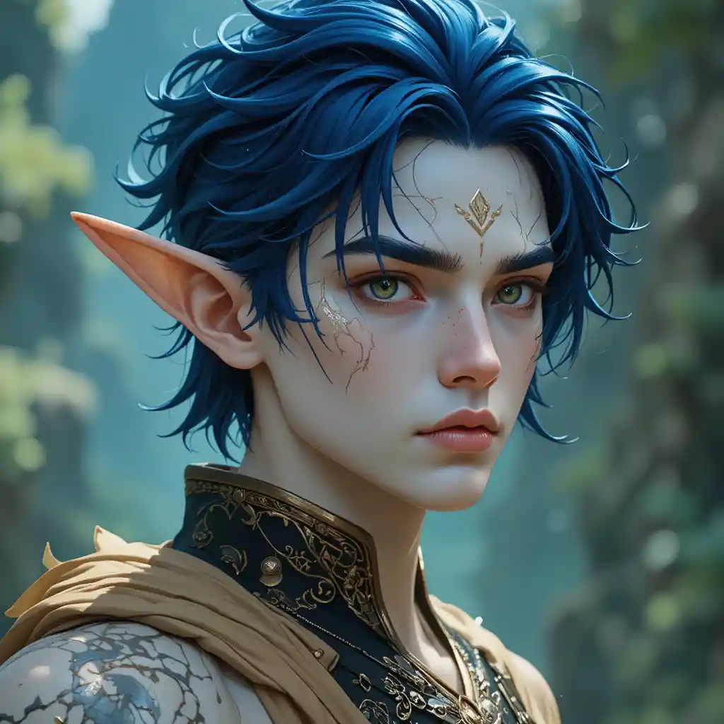 Young ivory skinned elf eared man in a Wakfu fantasy world