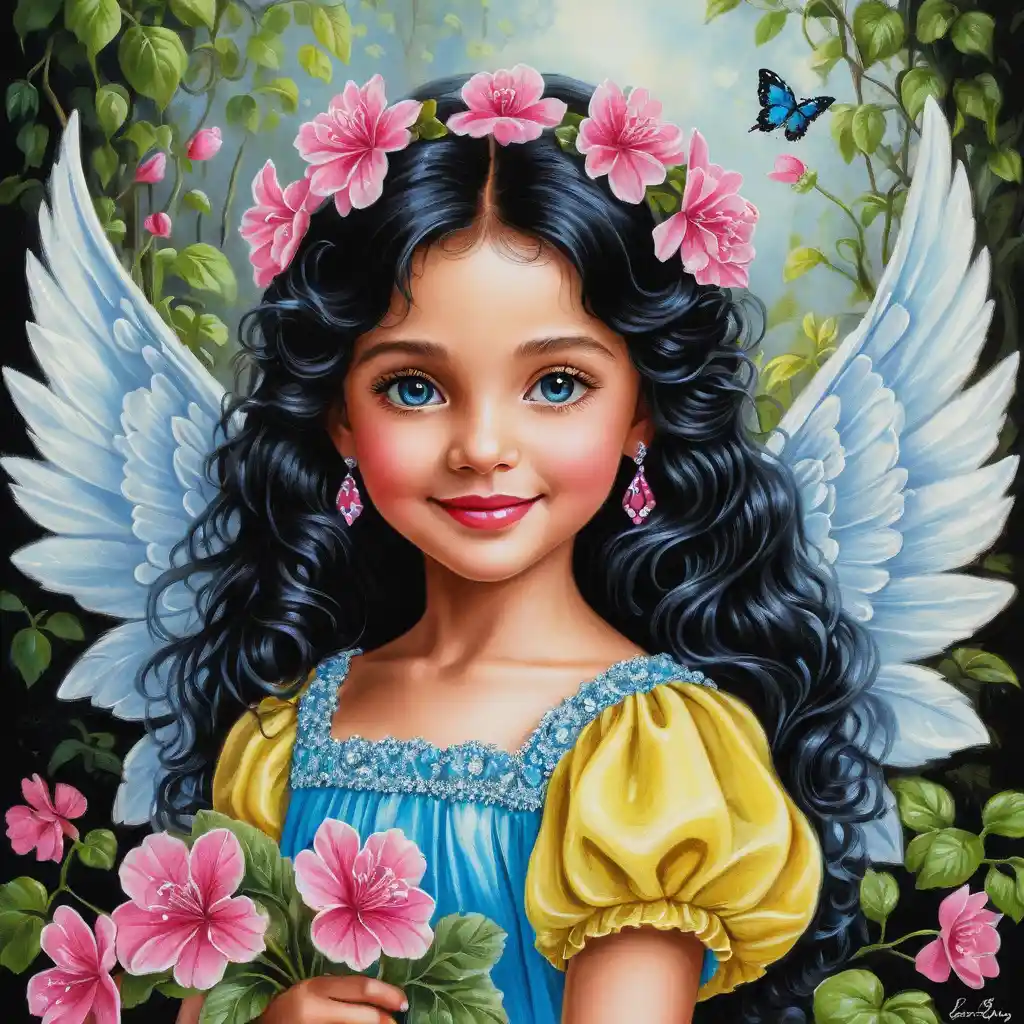 Smiling spring angel girl with flowers and glitter dress