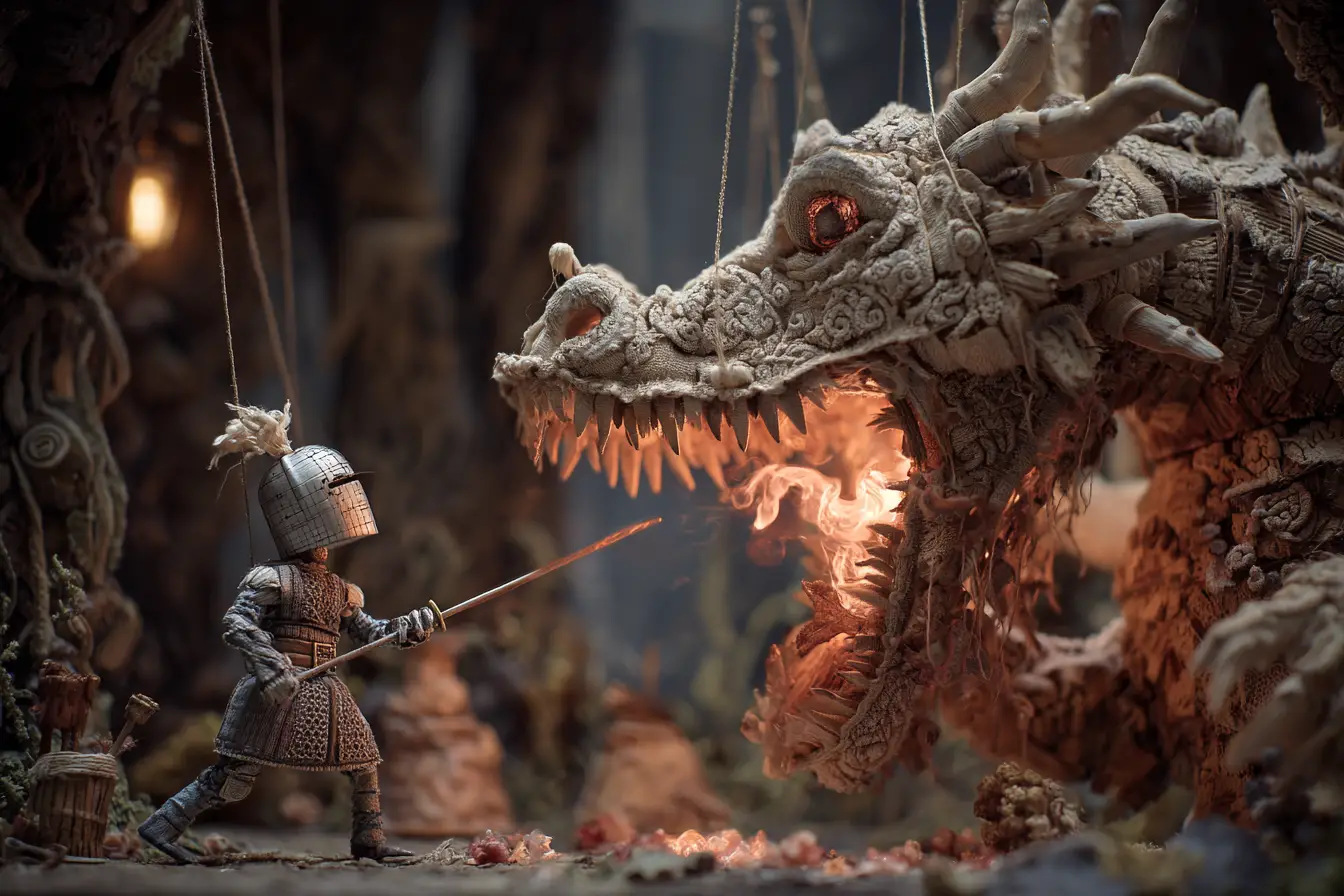 Knight puppet facing a wooden dragon on theater stage