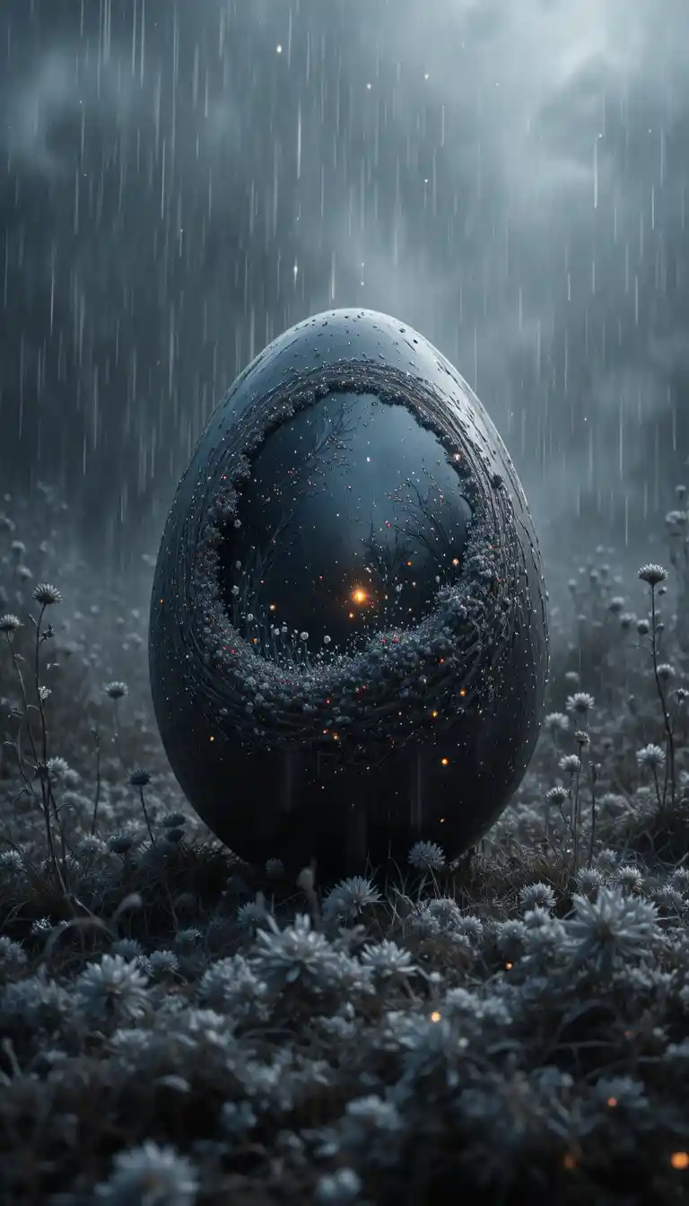 Surreal black landscape growing from a single egg
