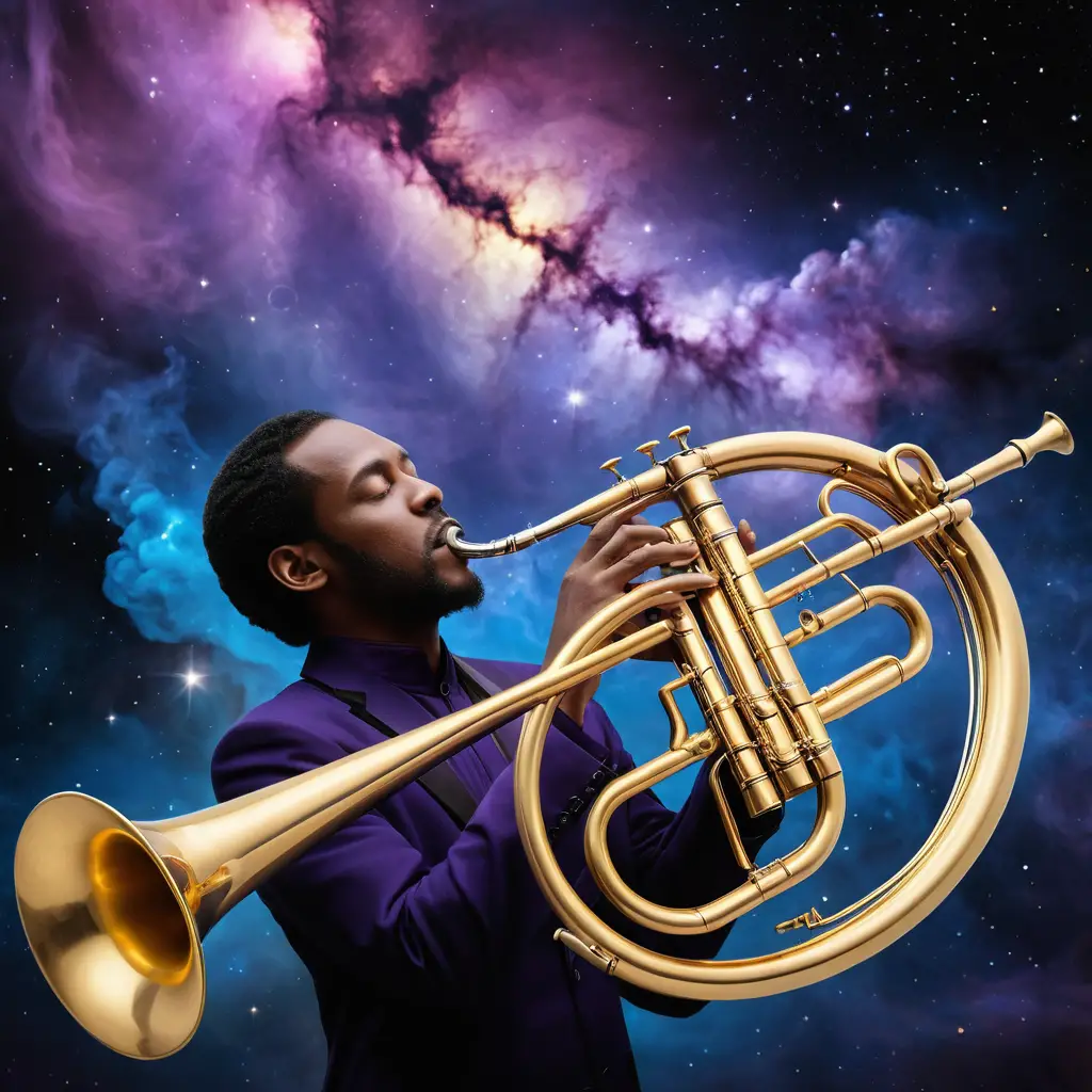 Golden trombone floating in a swirling cosmic nebula