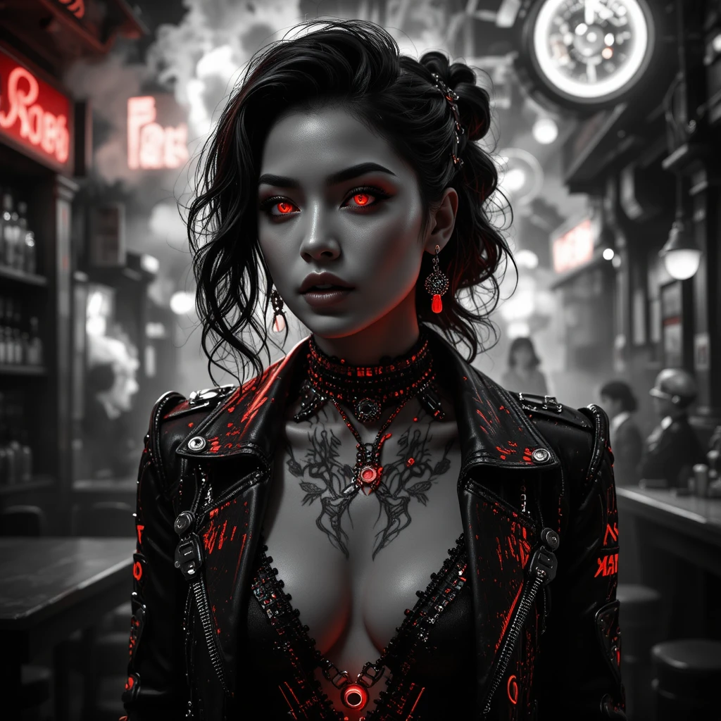 Noir cyberpunk woman in chains and mechanical jacket