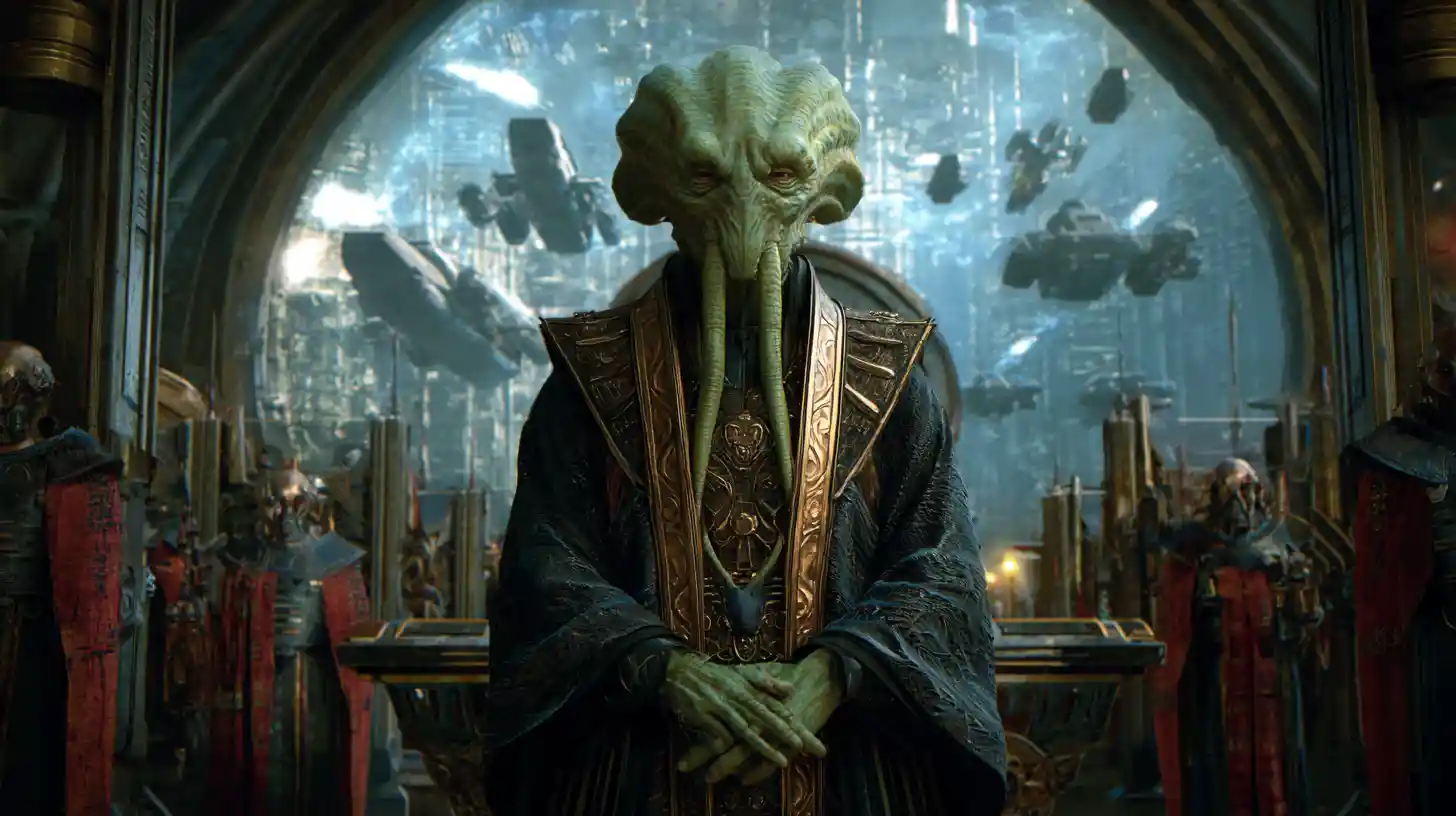 Ancient alien overlord enthroned in a vast galactic hall