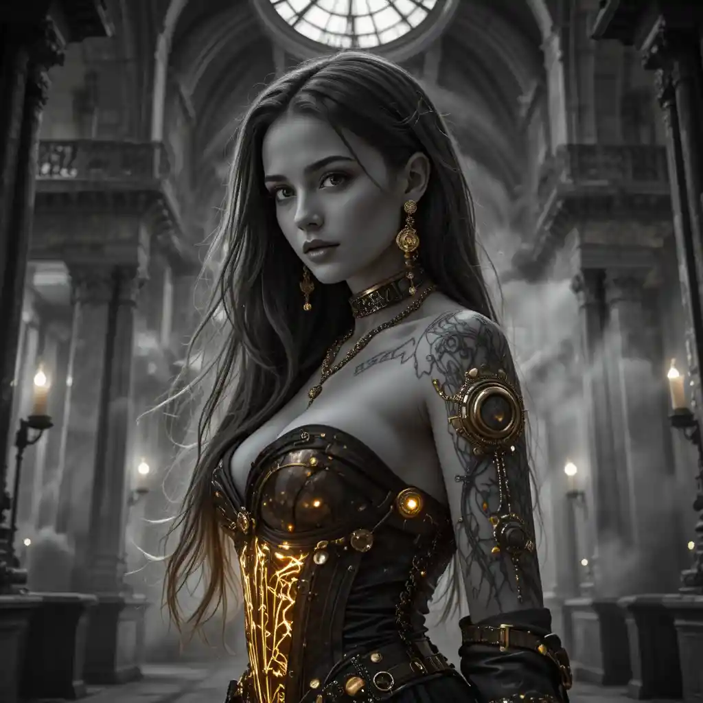 Noir steampunk woman in a glowing clocktower hall