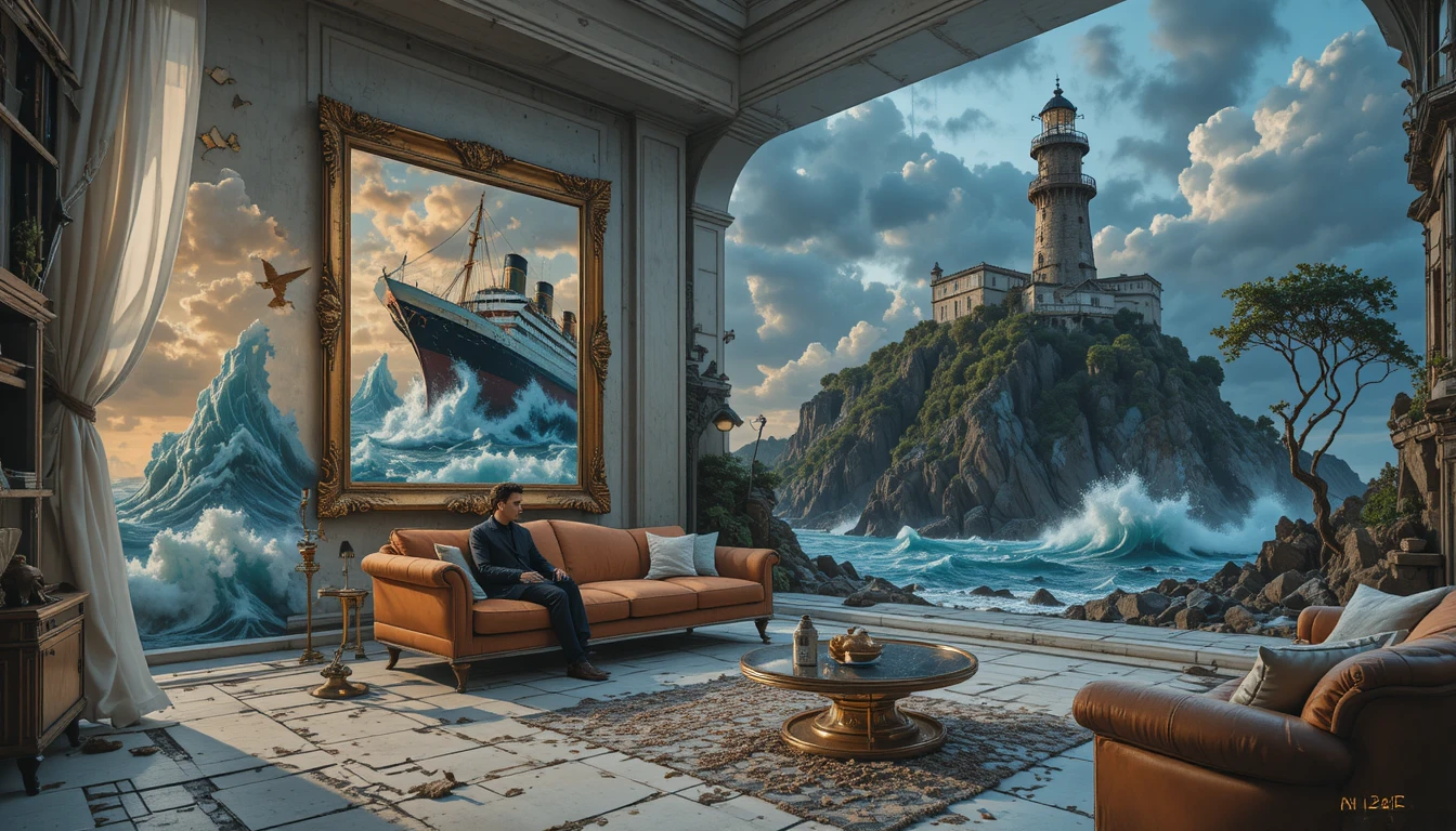 Lone lighthouse on stormy cliff in bold graphic style